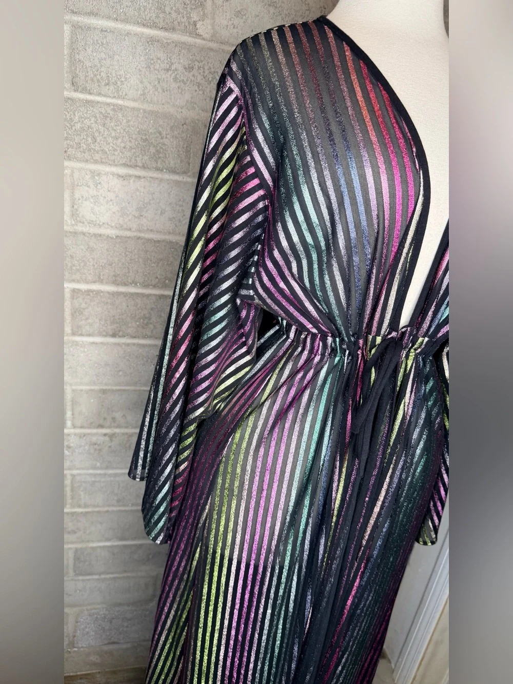 TAMO Design L Metallic Rainbow Stripe Sheer Maxi Duster Kimono Festival